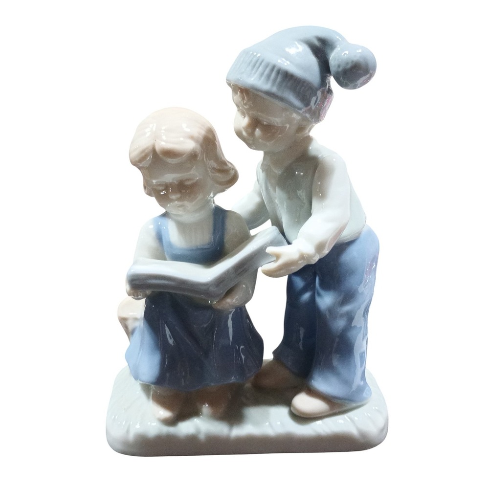 Vintage Lego Children Reading Japan Blue Porcelain Figurine